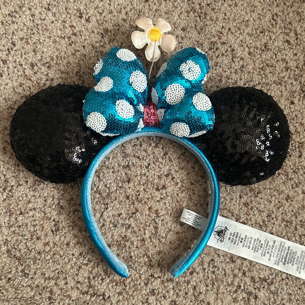 Minnie Mouse Sequin Blue Polka Dot Flower Ear Headband